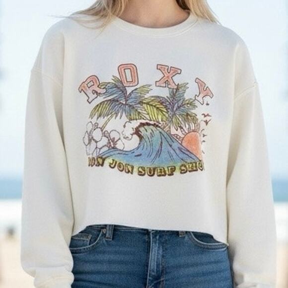 Roxy X Ron X Jon Lineup Oversized Cropped Crew Neck Raw Hem Sweatshirt Medium - Picture 2 of 10